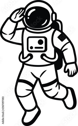 Black and white vector line art illustration of a saluting astronaut floating in outer space.