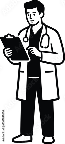 Vector illustration of a young male doctor standing while holding a clipboard and wearing a stethoscope around his neck.