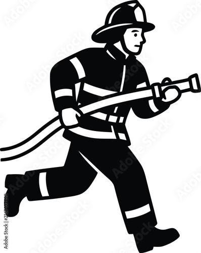 Monochromatic vector illustration of a firefighter running with a fire hose to extinguish flames.