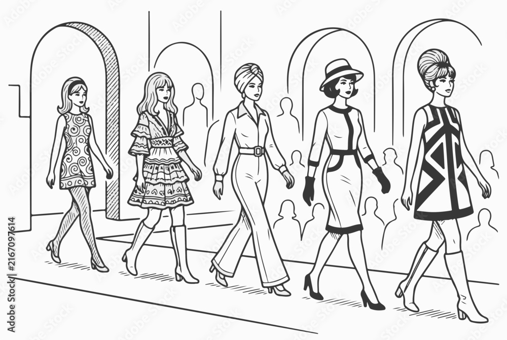 Obraz premium Retro fashion models walking on runway. Vintage 60s women clothing line art isolated on white background