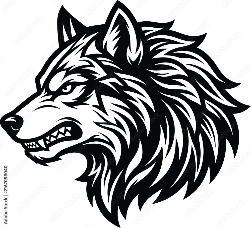 Fototapeta premium Aggressive wolf head mascot vector logo illustration in black and white stylized graphic design.