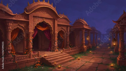 Traditional Indian architecture illuminated with glowing diyas during night celebration