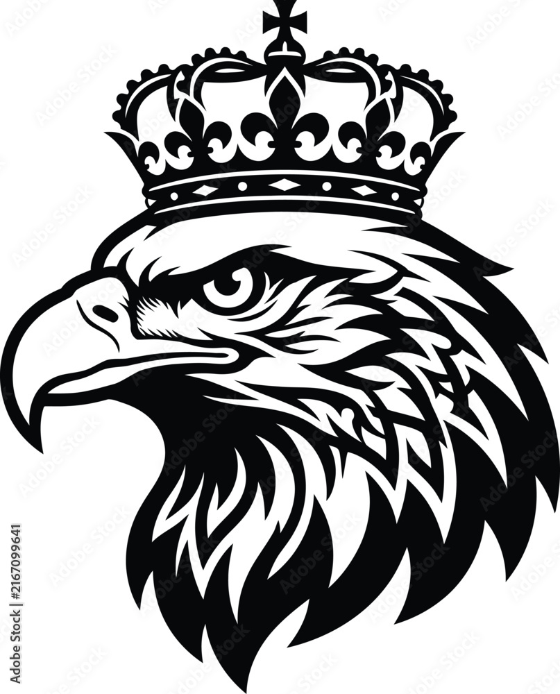 Fototapeta premium Black and white regal eagle head illustration crowned with a majestic royal king crown for crest logo design.