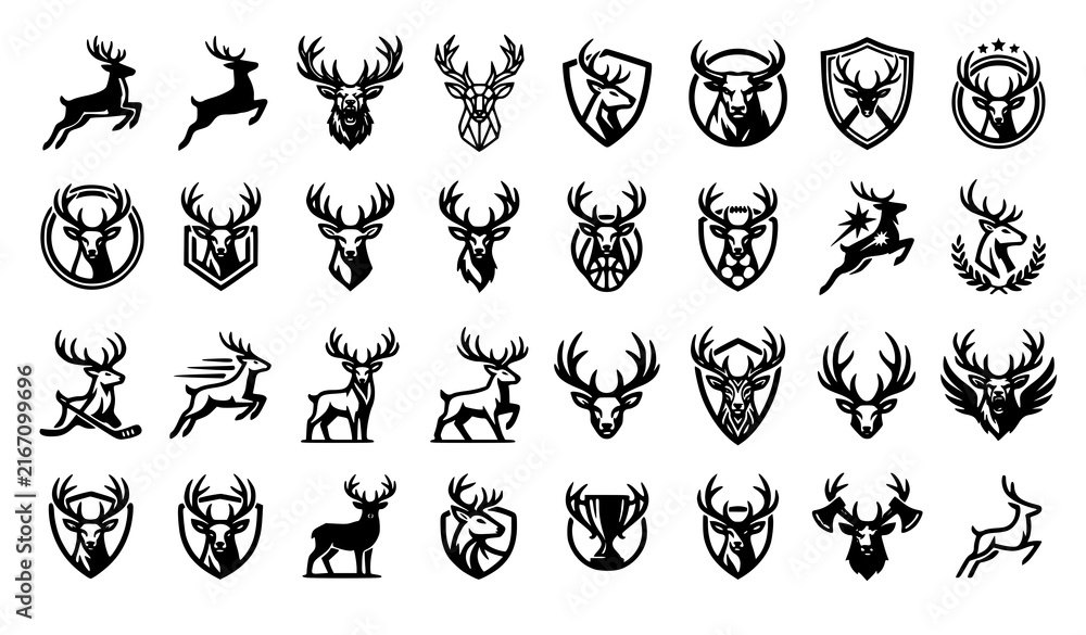 Obraz premium Collection of black and white deer head emblems and crests with athletic and heraldic style reindeer collection illustration wildlife athletic heraldic portrait minimalist isolated