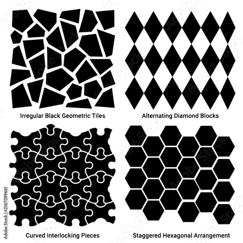 Принти на полотні Four distinct black and white geometric patterns featuring irregular tiles, alte
