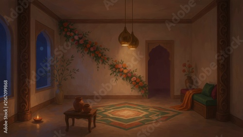 Traditional Indian Living Room Interior Decorated For Diwali Celebration With Lights And Flowers