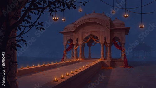 Traditional Indian pavilion decorated with hanging lanterns and glowing diyas at dusk