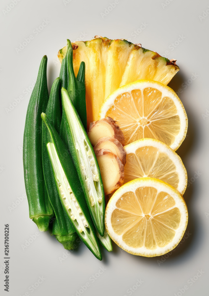 Obraz premium Sliced okra, pineapple, ginger, and lemon arranged on light background, showcasing fresh, vibrant, and healthy ingredients