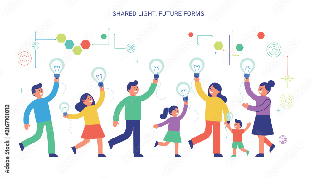 Fototapeta premium Group of people holding glowing light bulbs in an uplifting scene representing shared knowledge and collaborative innovation for future forms.
