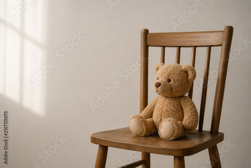 Teddy bear on wooden chair in soft daylight, nursery rhyme and learning concept