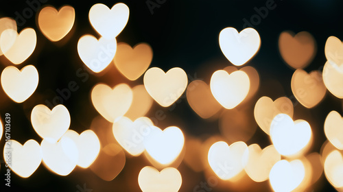 The dark background is filled with out-of-focus golden and white heart-shaped lights, creating a dreamy bokeh effect.