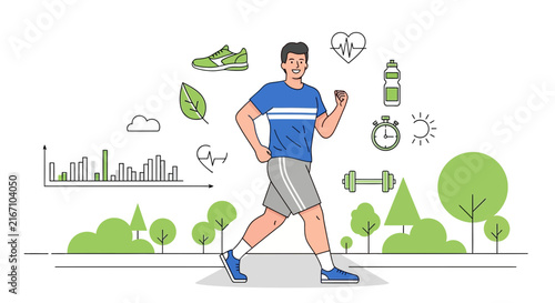 Young man running with grocery bags in a park setting.