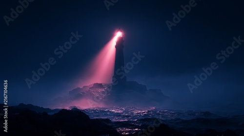 Tall lighthouse beam projecting upward through dark misty air, illuminating rocky coastline, concept for hope and guidance in challenging times