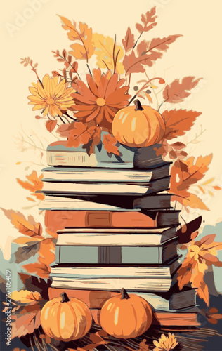 Cozy autumn stack of books with pumpkins and fall leaves vector. Thanksgiving and back to school reading illustration.