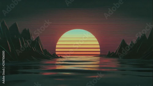 山あいの水面を染める夕焼けの太陽