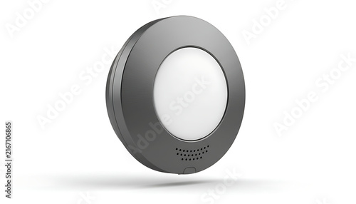 A sleek, circular grey smart home device with a central illuminated white panel.