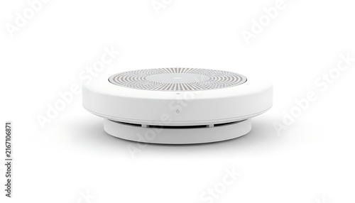 A modern white circular smart home speaker sits isolated against a clean white background.