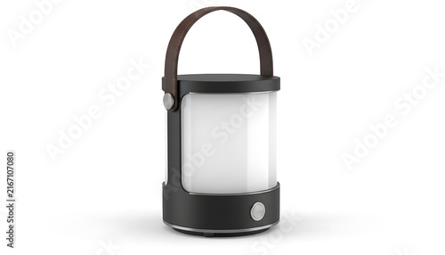 A modern portable lantern with a matte black frame and a leather handle stands isolated.