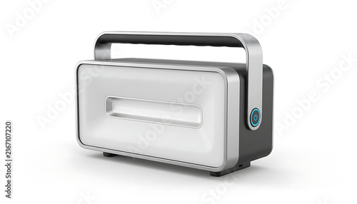 A modern portable rectangular lantern with a metallic handle sits against a white.