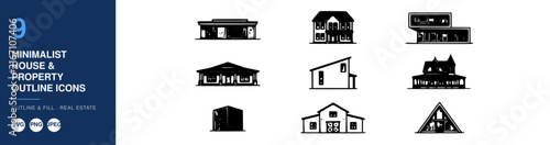 Minimalist House and Property Outline Icons Set, Real Estate Design Elements Featuring Architecture, Building
