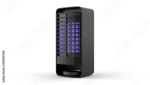 A modern black electronic mosquito killer lamp emits a glowing purple ultraviolet light.