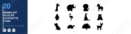 Minimalist Wildlife Silhouette Icons Set, Featuring Animal Outlines and a Tree Featuring Nature, Vector