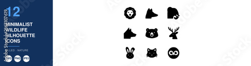 Minimalist Wildlife Silhouette Icons Set, Featuring Bear, Deer, Rabbit, Fox, Owl, and Other Animal Outlines