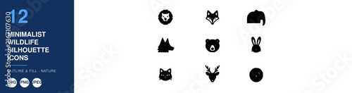 Minimalist Wildlife Silhouette Icons Set, Outline and Fill Design, Nature Illustration, Animal Icons, Vector Graphics