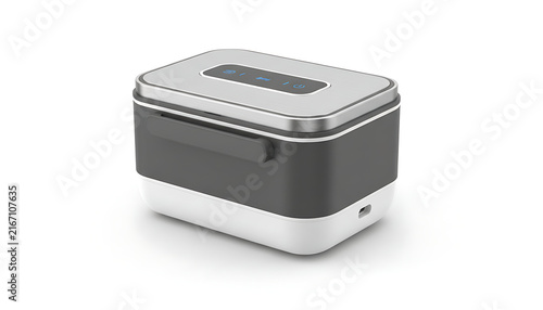 A modern portable electric lunch box sits isolated against a clean white background.