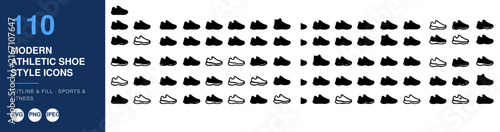 Modern Athletic Shoe Style Icons Set, Outlining and Fill Design, Sports and Fitness Concept Illustration. with Outline