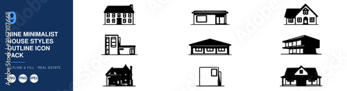 Nine Minimalist House Styles Outline Icon Pack, Real Estate Design Concept Featuring Houses, Home