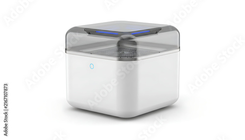 A modern white plastic air purifier with a translucent top sits against a white background.