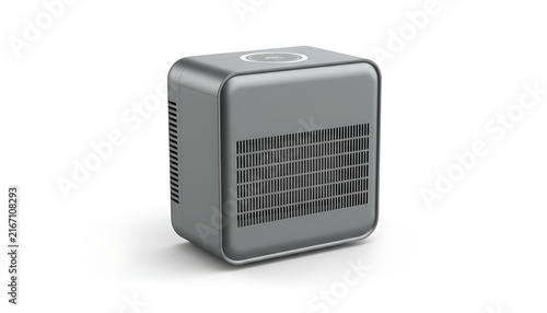 Compact grey portable heater with a minimalist cubic design on a white background.