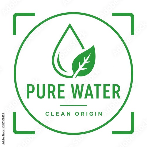 Green circular badge with water drop and leaf icon for eco friendly water branding.