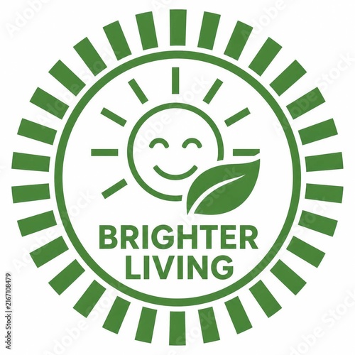 Green sunburst badge with happy sun icon and leaf symbol for sustainable living concept