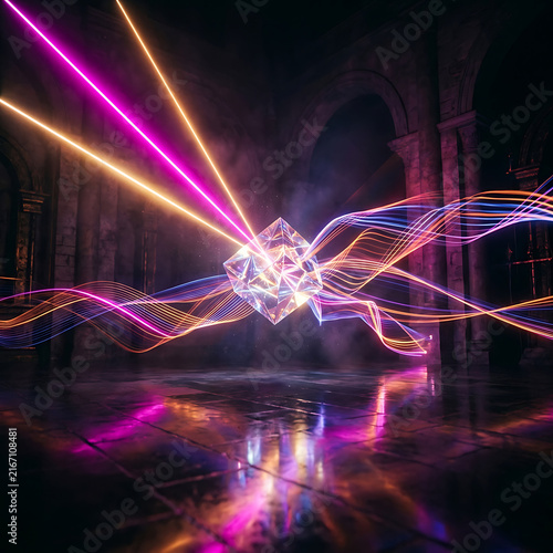 Crystal prism with neon light trails in ancient hall during atmospheric light show