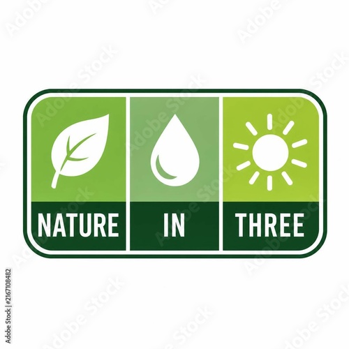 Green nature badge with leaf water drop and sun icons for eco friendly branding design