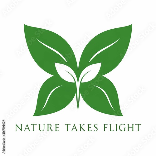 Green leaf butterfly logo design with nature takes flight text on white background