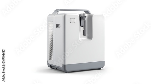 A modern white portable oxygen concentrator machine isolated on a white background.
