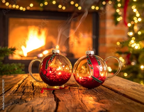 Glass ornaments on rustic wood table near cozy fireplace.