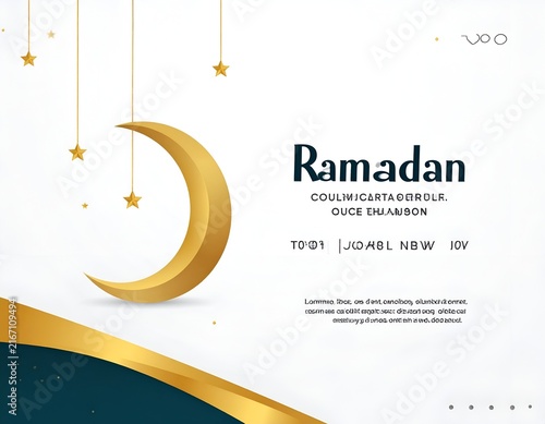 Golden Ramadan greeting card with large crescent moon.