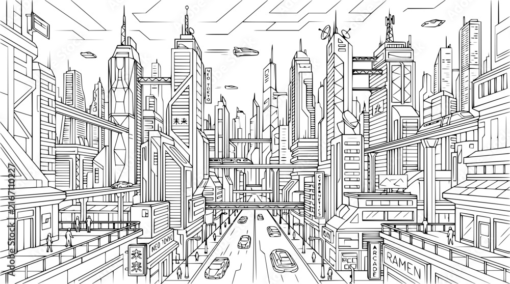 Obraz premium Futuristic city skyline sketch with flying cars and skyscrapers