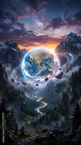 Human skull floating in space with planets and galaxy