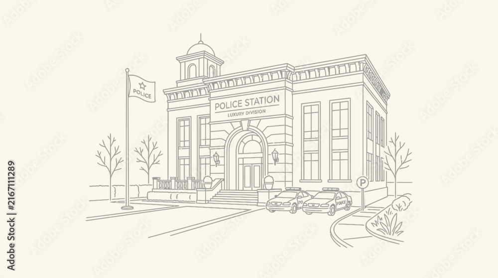 Fototapeta premium Classical police station building line art illustration