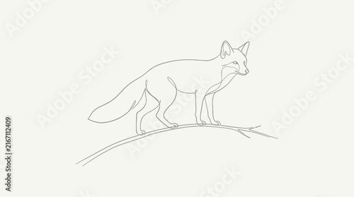 Elegant line art of a fox walking on branch.