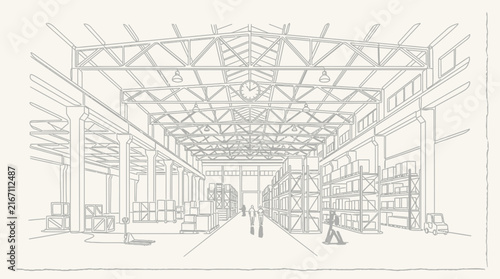 Detailed line illustration of a large industrial warehouse.