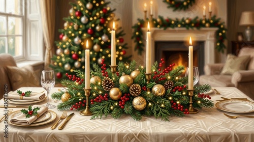 Elegant Christmas Dining Table Setting With Candles And Centerpiece Floral Arrangement