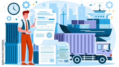 flat vector illustration of export shipping documentation process, logistics professional reviewing commercial invoice, packing list and shipping documents beside freight containers, cargo truck and