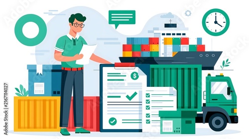 flat vector illustration of export shipping documentation process, logistics professional reviewing commercial invoice, packing list and shipping documents beside freight containers, cargo truck and