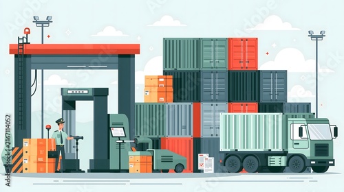 flat vector illustration of customs inspection at international port, stacked freight containers, inspection scanner, customs officer, cargo truck and logistics documents, professional trade